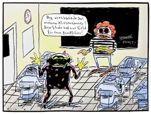 Cartoon: Verschwinde (medium) by F L O tagged schule,haushalt,kürzungen,unterricht,kunst,musik,clown,wulst,banane,schule,haushalt,kürzungen,unterricht,kunst,musik,clown,wulst,banane
