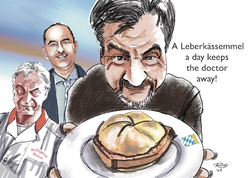 Cartoon: Foodfluencer (medium) by Rudissketchbook tagged leberkässemmel,food,influencer,bayern,bavaria,söder,schwarzer,metzger,csu
