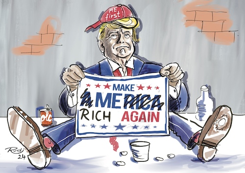 Cartoon: Make me and America rich again (medium) by Rudissketchbook tagged donald,trump,usa,präsidentenwahl,2024,schulden,millionen,republikaner