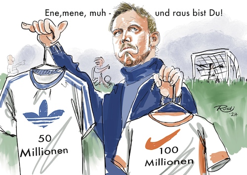 Cartoon: Raus bist Du! (medium) by Rudissketchbook tagged adidas,nike,dfb,nationalmannschaft,trikot,bruch,tradition,geld,mehr