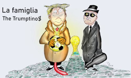 Cartoon: Bromance (medium) by SchmidtFineArt tagged trump,fussball,pokal,mexico,kanada,infantino,politik,weltmeisterschaft,cartoon,karikatur,kunst,art,usa