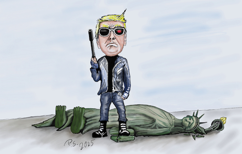 Cartoon: Trumpinator (medium) by SchmidtFineArt tagged trump,demokratie,usa,freiheit,caricature,cartoon,art,kunst,humor,gesellschaft,illustration,karikatur,krieg,krise,putin,präsident,donald,politik,geld