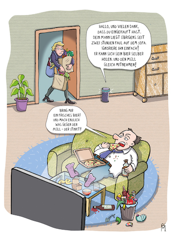 Cartoon: Alexa (medium) by Rebecca-Meyer tagged dekadenz,faulheit,konsumgesellschaft,couch,potato,überfluss,genderrollen,alltagskomik,ehemann,ehefrau,beziehungskonflikt,alexa,spricht,smarte,assistentin,haushaltsstreit,einkaufsstress,fernsehsucht,ironie,gesellschaftskritik,moderner,alltag,überforderung,künstliche,intelligenz,mischt,sich,ein,sprachassistent,müllproblem,bier,männerklischee,satire,kritik,an,bequemlichkeit,technik,dekadenz,faulheit,konsumgesellschaft,couch,potato,überfluss,genderrollen,alltagskomik,ehemann,ehefrau,beziehungskonflikt,alexa,spricht,smarte,assistentin,haushaltsstreit,einkaufsstress,fernsehsucht,ironie,gesellschaftskritik,moderner,alltag,überforderung,künstliche,intelligenz,mischt,sich,ein,sprachassistent,müllproblem,bier,männerklischee,satire,kritik,an,bequemlichkeit,technik