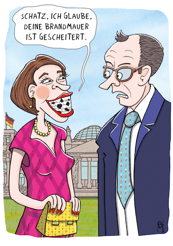 Cartoon: Brandmauer (medium) by Rebecca-Meyer tagged merz,reichstag,berlin,politische,satire,cartoon,humorvoll,karikatur,ehepaar,entsetzter,blick,überraschte,reaktion,markante,zahnreihe,bröckelnde,brandmauer,risse,zerfallend,metapher,symbolik,sprechblase,schatz,ich,glaube,deine,ist,gescheitert,hintergrund,parlamentsgebäude,pointiert,bissig,überzeichnet,mimik,ironie,zeitgeschehen,illustration,klare,linien,ausdrucksstark,gesellschaftlicher,kommentar,merz,reichstag,berlin,politische,satire,cartoon,humorvoll,karikatur,ehepaar,entsetzter,blick,überraschte,reaktion,markante,zahnreihe,bröckelnde,brandmauer,risse,zerfallend,metapher,symbolik,sprechblase,schatz,ich,glaube,deine,ist,gescheitert,hintergrund,parlamentsgebäude,pointiert,bissig,überzeichnet,mimik,ironie,zeitgeschehen,illustration,klare,linien,ausdrucksstark,gesellschaftlicher,kommentar