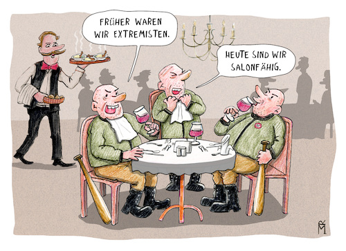 Cartoon: Salonfähig (medium) by Rebecca-Meyer tagged faschismus,faschisten,rechtsextremismus,rechtsradikale,rechtsextreme,neonazis,nazis,extremisten,szene,völkisch,nationalistisch,menschenfeindlich,rassistisch,antisemitisch,ausgrenzung,hetze,propaganda,radikalisierung,verharmlosung,normalisierung,salonfähigkeit,gesellschaftliche,akzeptanz,politische,mitte,bürgerliches,auftreten,ideologie,rechte,netzwerke,afd,afdpolitiker,rechtspopulismus,faschismus,faschisten,rechtsextremismus,rechtsradikale,rechtsextreme,neonazis,nazis,extremisten,szene,völkisch,nationalistisch,menschenfeindlich,rassistisch,antisemitisch,ausgrenzung,hetze,propaganda,radikalisierung,verharmlosung,normalisierung,salonfähigkeit,gesellschaftliche,akzeptanz,politische,mitte,bürgerliches,auftreten,ideologie,rechte,netzwerke,afd,afdpolitiker,rechtspopulismus