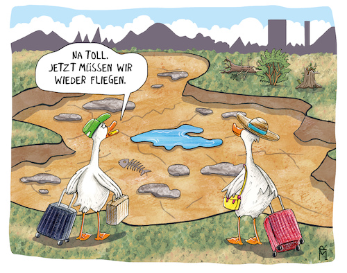 Cartoon: Urlaub (medium) by Rebecca-Meyer tagged dürre,klimawandel,ausgetrocknetes,flussbett,gänse,gepackte,koffer,fliegen,müssen,klimaflucht,vogelparadoxon,reisestress,komfortverlust,galgenhumor,trockener,humor,klimakrise,wassermangel,unfreiwillige,reise,natur,als,reisemittel,na,toll,wieder,anpassung,klimafolgen,absurdität,pointiert,viral,social,media,meme,potenzial,gegenwartswitz,überraschungspointe,visuelle,pointe,dürre,klimawandel,ausgetrocknetes,flussbett,gänse,gepackte,koffer,fliegen,müssen,klimaflucht,vogelparadoxon,reisestress,komfortverlust,galgenhumor,trockener,humor,klimakrise,wassermangel,unfreiwillige,reise,natur,als,reisemittel,na,toll,wieder,anpassung,klimafolgen,absurdität,pointiert,viral,social,media,meme,potenzial,gegenwartswitz,überraschungspointe,visuelle,pointe