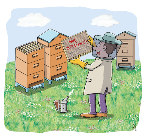 Cartoon: Wir streiken (medium) by Rebecca-Meyer tagged honigbienen,apiformes,oder,anthophila,hautflüglerstaatenbildender,honigproduzent,bienenbegeistert,imker,globalen,artensterben,insektizide,pestizide,und,fungizide,pestizidbelasteten,monokulturen,konsequente,flurbereinigung,neonikotinoide,toxisch,für,bienen,honigbienen,apiformes,anthophila,hautflüglerstaatenbildender,honigproduzent,bienenbegeistert,imker,globalen,artensterben,insektizide,pestizide,fungizide,pestizidbelasteten,monokulturen,konsequente,flurbereinigung,neonikotinoide,toxisch,bienen