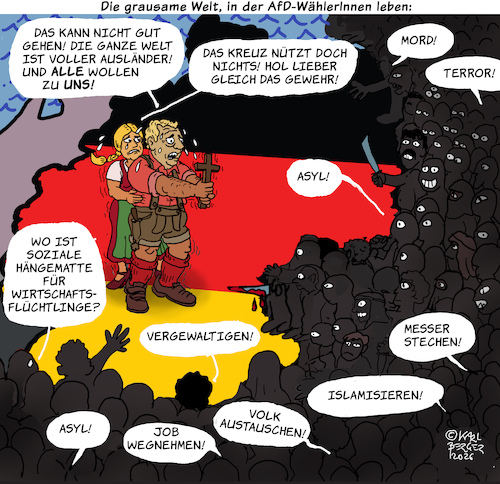 Cartoon: Angststörung (medium) by Karl Berger tagged afd,rechtsextremismus,angst,rassismus,fremdenfeindlichkeit,afd,rechtsextremismus,angst,rassismus,fremdenfeindlichkeit