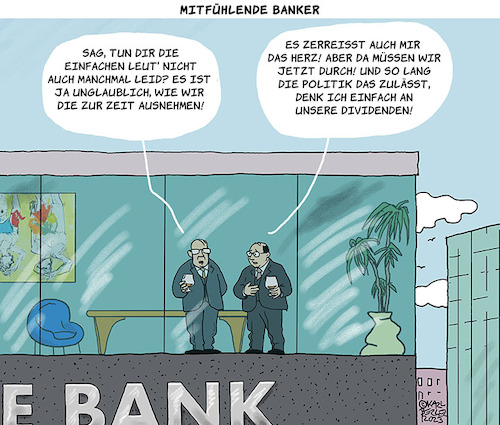 Cartoon: Empathische Banker (medium) by Karl Berger tagged banker,banken,kredite,zinsen,mitleid,gewinn