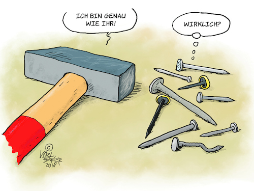 Cartoon: Gleichheit? (medium) by Karl Berger tagged hierarchie,gleichheit,werkzeug,täuschung,hammer,nagel