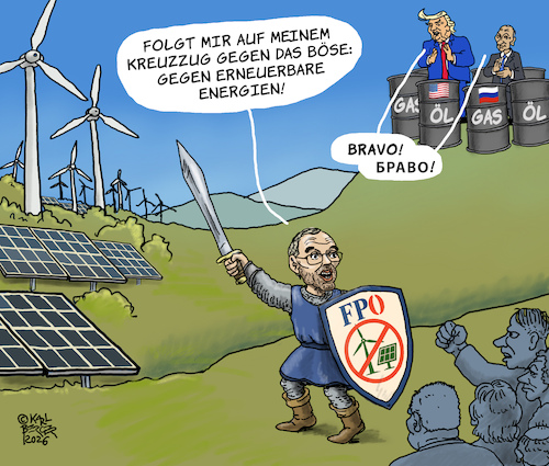 Cartoon: Kickls Kreuzzug (medium) by Karl Berger tagged erneuerbare,energie,fpö,kickl,trump,putin,öl,gas,windräder,solarstrom,erneuerbare,energie,fpö,kickl,trump,putin,öl,gas,windräder,solarstrom