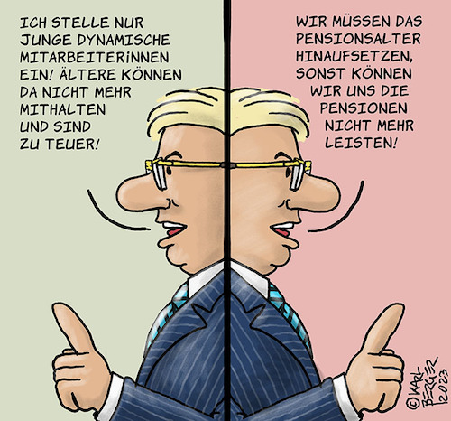 Cartoon: Pensionsalter (medium) by Karl Berger tagged pension,rente,pensionsalter,rentenalter,arbeitsfähigkeit,chef