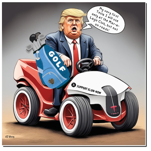 Cartoon: A Tesla for a President (medium) by A Human tagged trump,tesla,musk,shares,aktie,präsident,president,europa,europe,elektrofahrzeuge,bilanz,verkaufszahlen,wallstreet,nasdaq,trump,tesla,musk,shares,aktie,präsident,president,europa,europe,elektrofahrzeuge,bilanz,verkaufszahlen,wallstreet,nasdaq