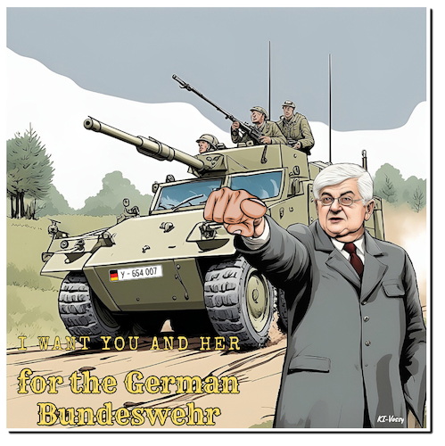 Cartoon: Back to Bundeswehr (medium) by A Human tagged atomschirm,außenminister,deutschland,bundeswehr,verteidigung,wehrpflicht,atomwaffen,krieg,trump,putin,fischer,europa,usa,russland,sonnenblume,joschka,atomschirm,außenminister,deutschland,bundeswehr,verteidigung,wehrpflicht,atomwaffen,krieg,trump,putin,fischer,europa,usa,russland,sonnenblume,joschka