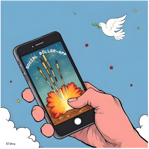 Cartoon: Böller-App (medium) by KI-Vossy tagged silvester,berlin,böller,böllerverbot,feuerwerk,feuerwerke,app,knallerei,verletzte,tiere,haustiere,müll,chinaböller,social,media,socialmedia,friede,frieden,friedenstaube,silvester,berlin,böller,böllerverbot,feuerwerk,feuerwerke,app,knallerei,verletzte,tiere,haustiere,müll,chinaböller,social,media,socialmedia
