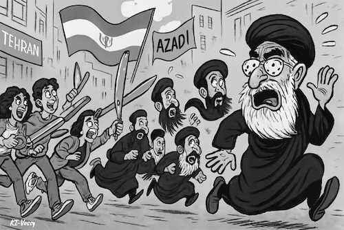 Cartoon: Der Bart ist ab (medium) by KI-Vossy tagged iran,theran,moskau,russland,khamenei,demonstrationen,protest,proteste,regime,demonstranten,flucht,flüchten,trump,internet,iran,theran,moskau,russland,khamenei,demonstrationen,protest,proteste,regime,demonstranten,flucht,flüchten,trump,internet