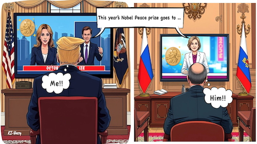 Cartoon: Equal Expectations (medium) by A Human tagged nobel,peace,price,oslo,stockholm,trump,putin,usa,russia,nobelprize,broadcast,friedensnobelpreis,nobelpreis,alfred,nobel,peace,price,oslo,stockholm,trump,putin,usa,russia,nobelprize,broadcast,friedensnobelpreis,nobelpreis,alfred