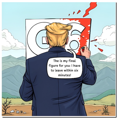 Cartoon: G7 minus Einer (medium) by A Human tagged g7,kanada,trump,usa,frankreich,macron,krieg,nahost,abreise,waffenruhe,israel,iran,summit,nachtisch,dessert,g7,kanada,trump,usa,frankreich,macron,krieg,nahost,abreise,waffenruhe,israel,iran,summit,nachtisch,dessert