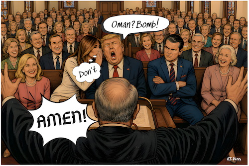 Cartoon: Let.s bomb (medium) by KI-Vossy tagged trump,usa,president,donald,oman,war,peace,iran,theran,us,präsident,teheran,krieg,straße,hormuz,trump,usa,president,donald,oman,war,peace,iran,theran,us,präsident,teheran,krieg,straße,hormuz