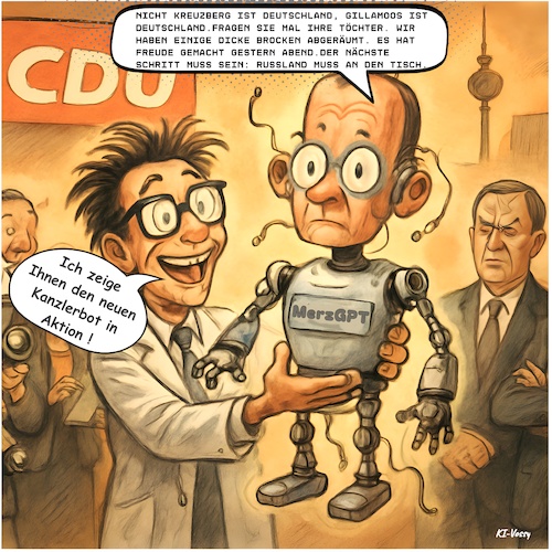Cartoon: MerzGPT (medium) by KI-Vossy tagged merz,cdu,bundesregierung,kanzler,regierung,bundeskanzler,deutschland,merzgpt,chatgpt,ki,ai,künstliche,intelligenz,artificial,intelligence,berlin,bot,kanzlerbot,chatbot,merz,cdu,bundesregierung,kanzler,regierung,bundeskanzler,deutsch,merzgpt,chatgpt,ki,ai,künstliche,intelligenz,artificial,intelligence
