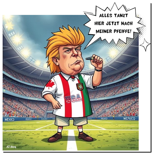 Cartoon: World Cup Donni (medium) by A Human tagged trump,usa,infantino,fifa,fußball,england,kanada,mexiko,deutschland,chatgpt,perplexity,ki,ai,wembley,endspiel