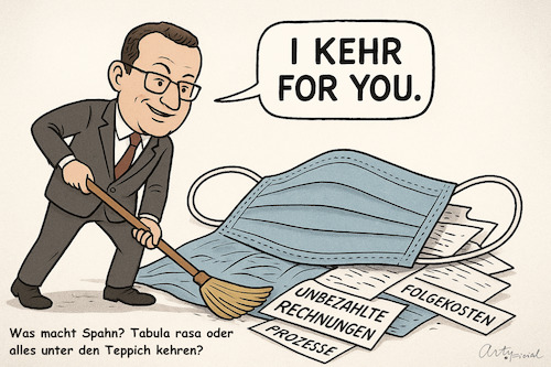Cartoon: Auf-um-unter-kehren (medium) by ArtyFicial tagged brd,deutschland,corona,covid,masken,maskenaffäre,maskeneinkauf,maskenbeschaffung,jens,spahn,gesundheitsminister,gesundheitsministerium,händler,ffp2,medizin,schutz,ansteckung,virus
