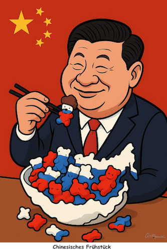Cartoon: Bärenstarke Stärkung Chinas (medium) by ArtyFicial tagged russland,bären,russischer,bär,china,stäbchen,frühstück,xi,putin,essen,verspeisen,vertilgen,vernichten