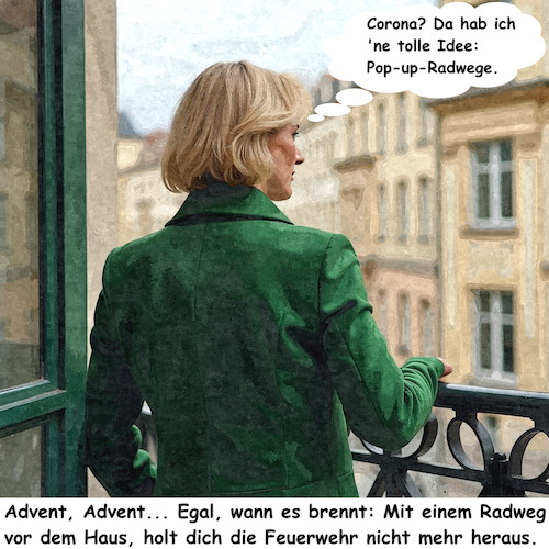 Cartoon: Brandgefährliche Radwege (medium) by ArtyFicial tagged grüne,verkehrspolitik,pop,up,radwege,corona,begründung,anlass,brandgefährlich