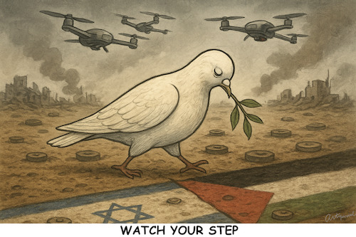 Cartoon: Dangerous Peace Path (medium) by ArtyFicial tagged middle,east,palestine,hamas,israel,idf,military,war,conflict,peace,hostages,pidgeon,usa,trump,egypt,qatar,saudi,arabia,iran
