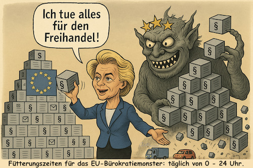 Cartoon: EU Bürokratieabbau (medium) by ArtyFicial tagged europa,eu,kommission,behörden,freihandel,handelshemmnisse,bürokratie,bürokratiemonster,bürokratieabbau,ökonomie,wirtschaft,draghi