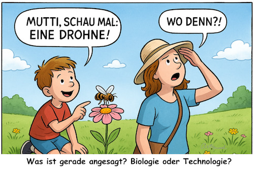 Cartoon: Experten (medium) by ArtyFicial tagged drohnen,krieg,waffen,bienen,immen,insekten,hummeln,junge,sohn,mutter,frau,sommer,feld,blumen,bestäubung,überwachung,summen,assoziationen,folgen
