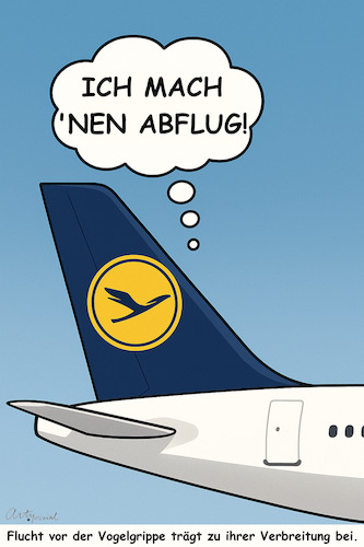 Cartoon: Fluchtpläne (medium) by ArtyFicial tagged deutschland,brandenburg,brd,vogelgrippe,wildvögel,zuchtvögel,geflügel,kranich,kraniche,logo,blau,gelb