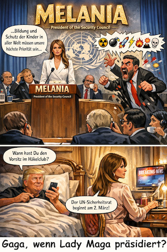 Cartoon: Gaga Lady Maga (medium) by ArtyFicial tagged un,uno,sicherheitsrat,security,council,trump,melania,präsidentin,president,iran,kinder,bildung