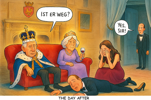 Cartoon: Geschafft und erledigt (medium) by ArtyFicial tagged usa,uk,staatsbesuch,trump,charles,royals,könig,camilla,william,kate,geschafft,erledigt,windsor,castle,butler,krone