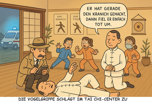 Cartoon: Hatschi Tai Chi (medium) by ArtyFicial tagged vogelgrippe,kranich,wildvögel,wildvogel,tai,chi,hatschi,krankheit,vogelsterben