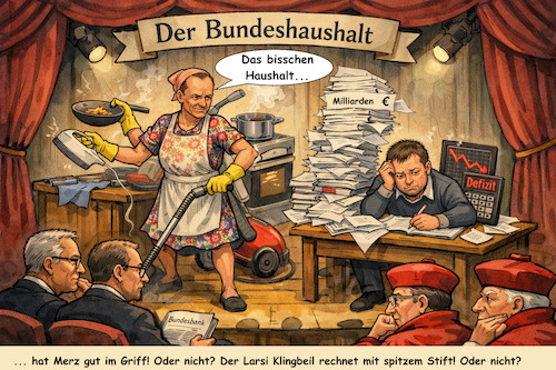 Cartoon: Haushalten (medium) by ArtyFicial tagged deutschland,merz,klingbeil,haushalt,wirtschaft,ökonomie,krise,mehrausgaben,schulden,schuldenberg,bundesbank,warnung,bundesverfassungsgericht,verfassungsgericht,beobachtung,kritik,mahnung