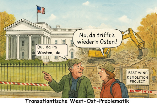 Cartoon: Herr S. u. Frau M. in W. D.C. (medium) by ArtyFicial tagged usa,deutschland,trump,weißes,haus,ostflügel,east,wing,abriss,ballsaal,ballroom,mauer,gebäude,mauerfall,wiedervereinigung,zerstörung,abbruch,ost,osten,ossi,wessi,transatlantik,transatlantisch,erinnerung,geschichte,historie,1989,1990,blühende,landschaften
