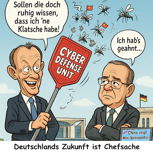 Cartoon: High-Tech Gefahrenabwehr (medium) by ArtyFicial tagged china,mini,drohnen,mücken,merz,cdu,pistorius,abwehr