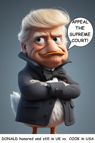 Cartoon: HUFFY DUCK BELEIDIGTE LEBERWURST (medium) by ArtyFicial tagged usa,uk,trump,royal,banquet,windsor,castle,state,visit,fed,governor,cook,supreme,court,fired,huffy,duck,beleidigte,leberwurst,pikiert,eingeschnappt,ente