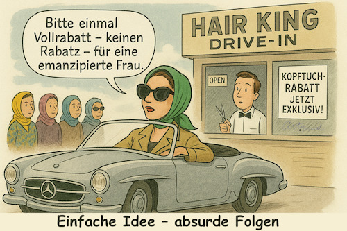 Cartoon: Kopftuch-Rabatt beim Friseur (medium) by ArtyFicial tagged deutschland,friseur,frisör,kopftuchrabatt,religion,praxis,praktisch,nitribitt,mercedes,190sl,unterdrückung,emanzipation,selbstbestimmung,cis,trans,recht,gesetz,gleichbehandlung,wettbewerbsverzerrung