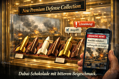 Cartoon: Kriegs-Bling-Bling (medium) by ArtyFicial tagged nahost,vae,uae,emirate,dubai,schokolade,raketen,bling