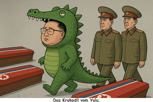 Cartoon: Krokodilstränen (medium) by ArtyFicial tagged ukraine,russland,angriffskrieg,putin,nordkorea,soldaten,tot,gefallen,krokodilstränen,show,tränen