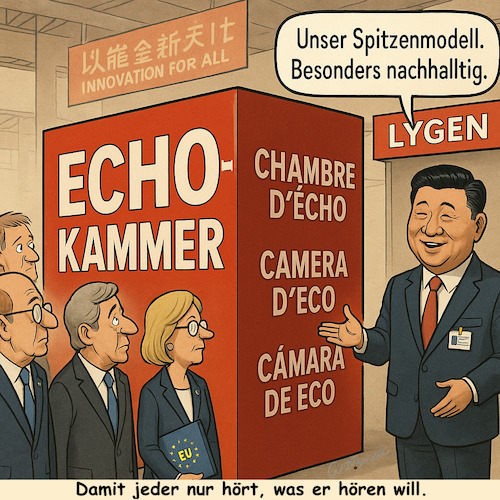 Cartoon: Made in China (medium) by ArtyFicial tagged eu,china,echokammer,konflikt,konfliktvermeidung,realität,realitätsvermeidung