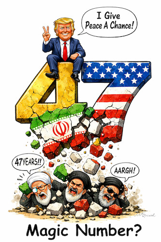 Cartoon: Magic Number 47 (medium) by ArtyFicial tagged 47,usa,iran,president,potus,trump,mullah,regime,chamenei,terror,war,threat,golden,cruel,cruelty,death,revolution,protests,change,changes