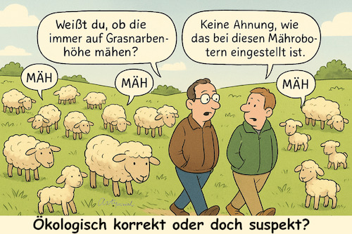 Cartoon: Natürlich oder künstlich? (medium) by ArtyFicial tagged mähroboter,schafe,vorteile,nachteile,roboter,ki,künstliche,intelligenz,ai,artificial,intelligence,imitate