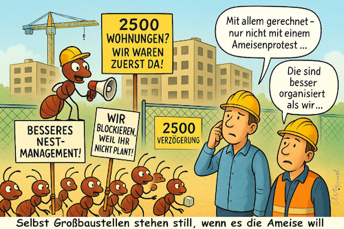 Cartoon: Nicht auf unserem kahlen Rücken (medium) by ArtyFicial tagged wohnungen,bau,neubauten,wohnungsnot,ameisen,kahlrückig,blockade,termine,terminverzug,berlin,amt,prozesse,digitalisierung,prüfung,fehler,zeitverzug,angst