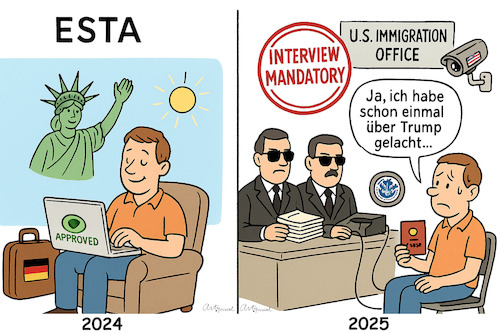 Cartoon: Noch Interview? Schon Verhör? (medium) by ArtyFicial tagged usa,einreise,interview,verhör,esta,vwp,eu,deutschland