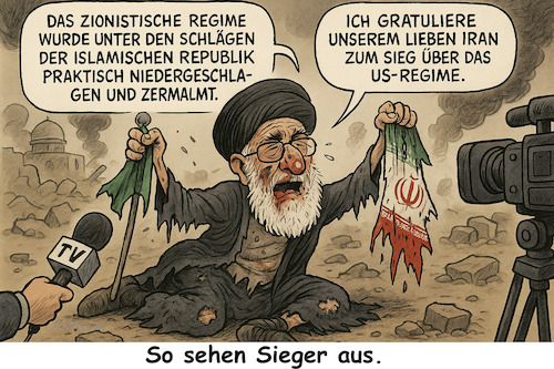Cartoon: Realität ist nichts (medium) by ArtyFicial tagged iran,israel,usa,chamenei,krieg,angriff,tod,vernichtung,atom,uran,235