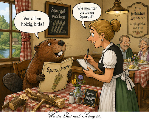 Cartoon: Spargelzeit (medium) by ArtyFicial tagged spargel,spargelzeit,spargelwochen,biber,holz,holzig,restaurant,ausflugsloka,lokal,speisekarte,kellnerin,serviererin,gast,könig
