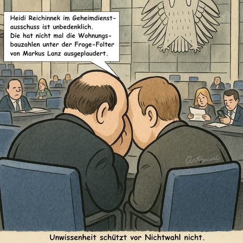 Cartoon: Streng geheim (medium) by ArtyFicial tagged geheimdienstaussschuss,bundestag,heidi,reichinnek,wohnungsbau,markus,lanz,ahnungslosigkeit,verrat,folter